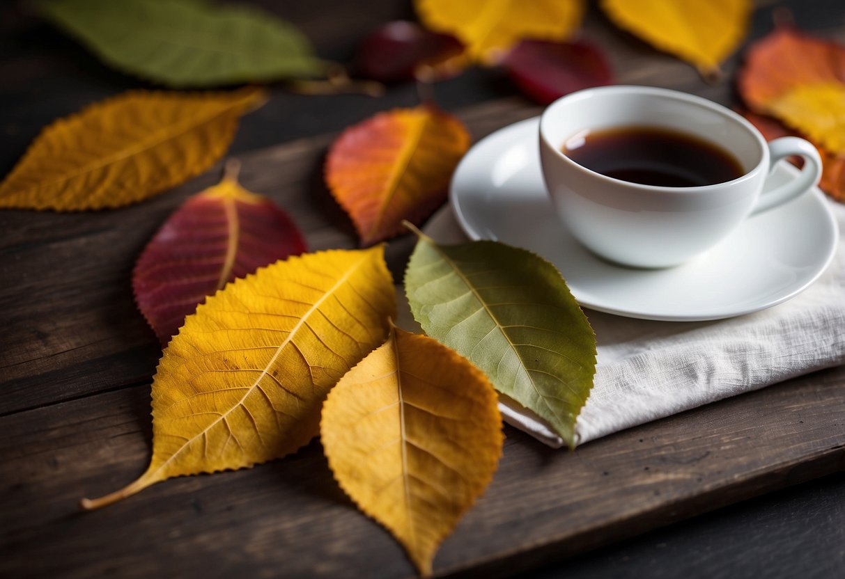 Colorful autumn leaves arranged on a table, with white napkins placed on top. A stamping tool is used to press the leaves onto the napkins, creating a beautiful fall-themed pattern