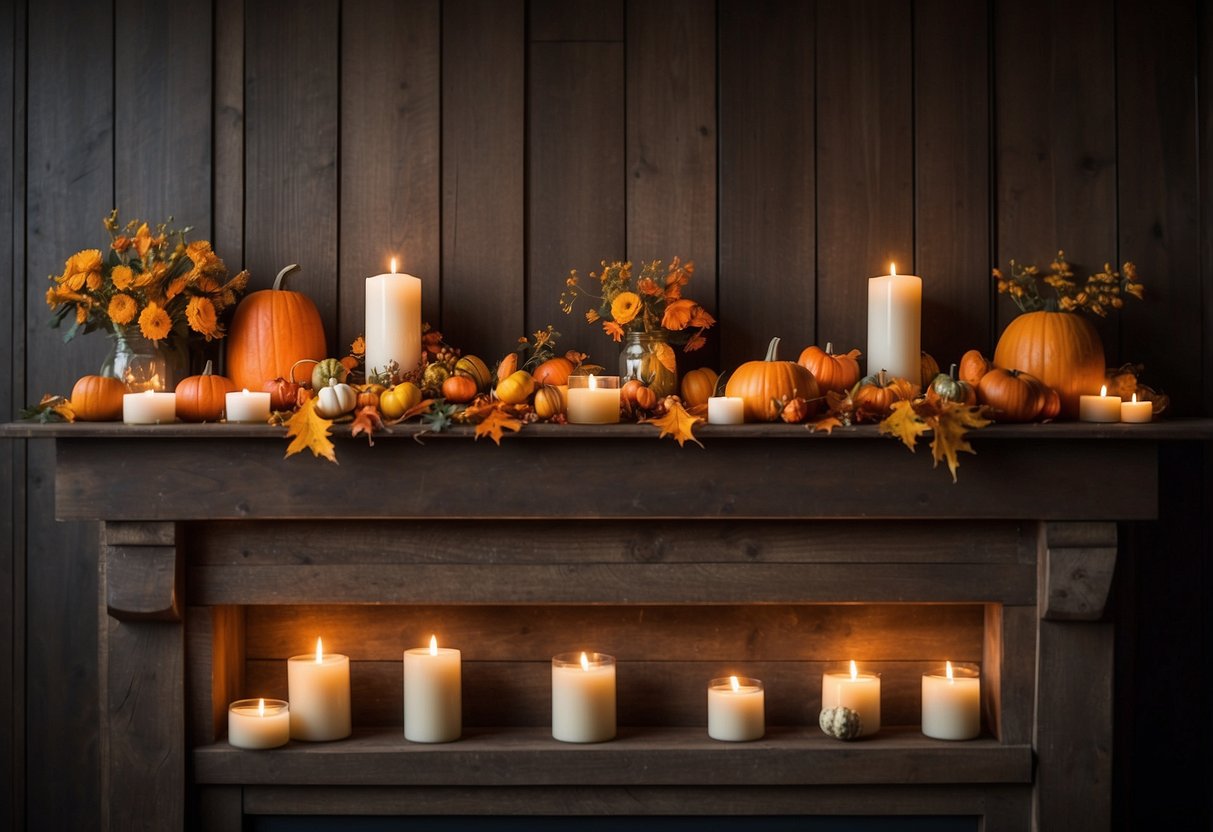 A colorful fall leaf garland hangs across a rustic wooden mantle, surrounded by pumpkins and candles