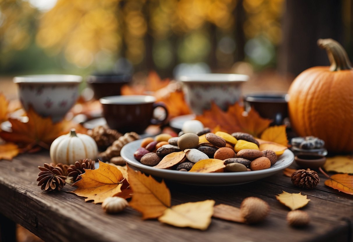 A table scattered with colorful fall scented sachets, surrounded by craft supplies and autumn foliage