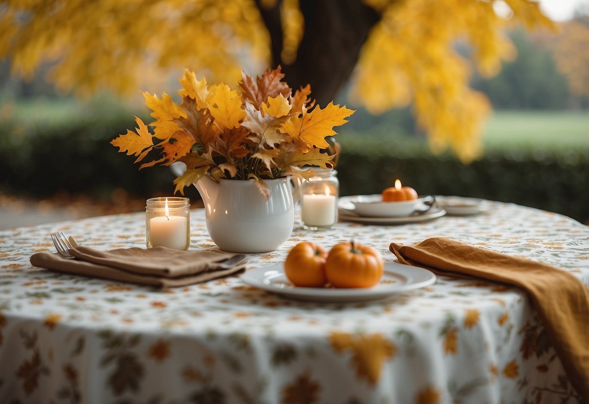 A table with a leaf print tablecloth, surrounded by simple fall crafts