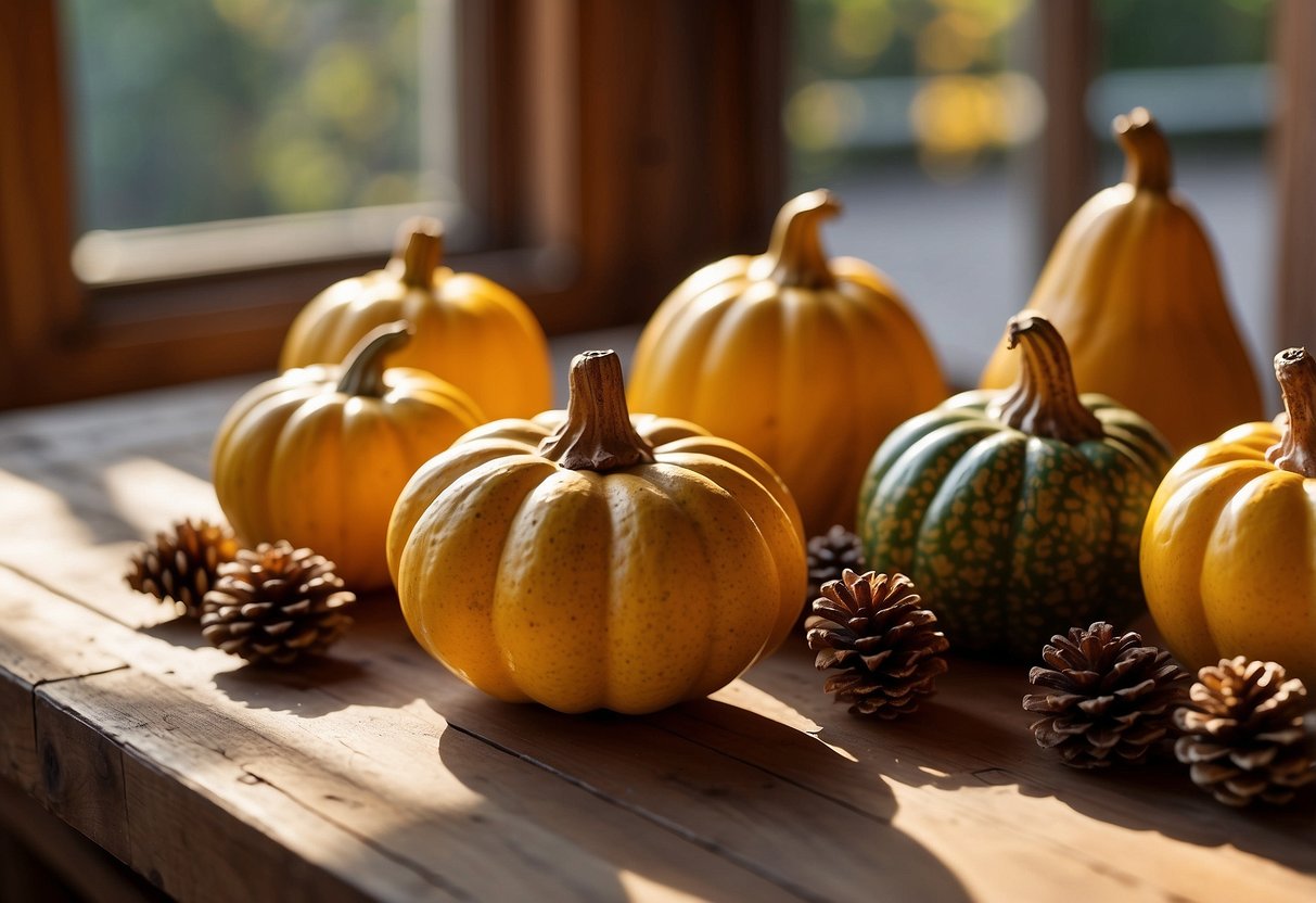 Vibrant gourds arranged on a rustic wooden table, surrounded by autumn leaves and pinecones. Sunlight filters through a nearby window, casting warm, golden hues on the scene