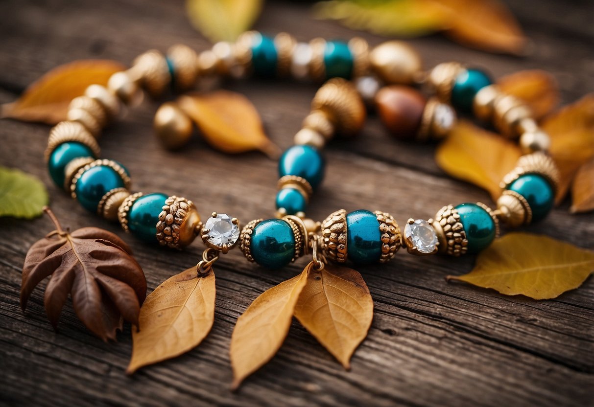 A collection of acorn jewelry, including necklaces, earrings, and bracelets, displayed on a rustic wooden table with colorful fall leaves scattered around