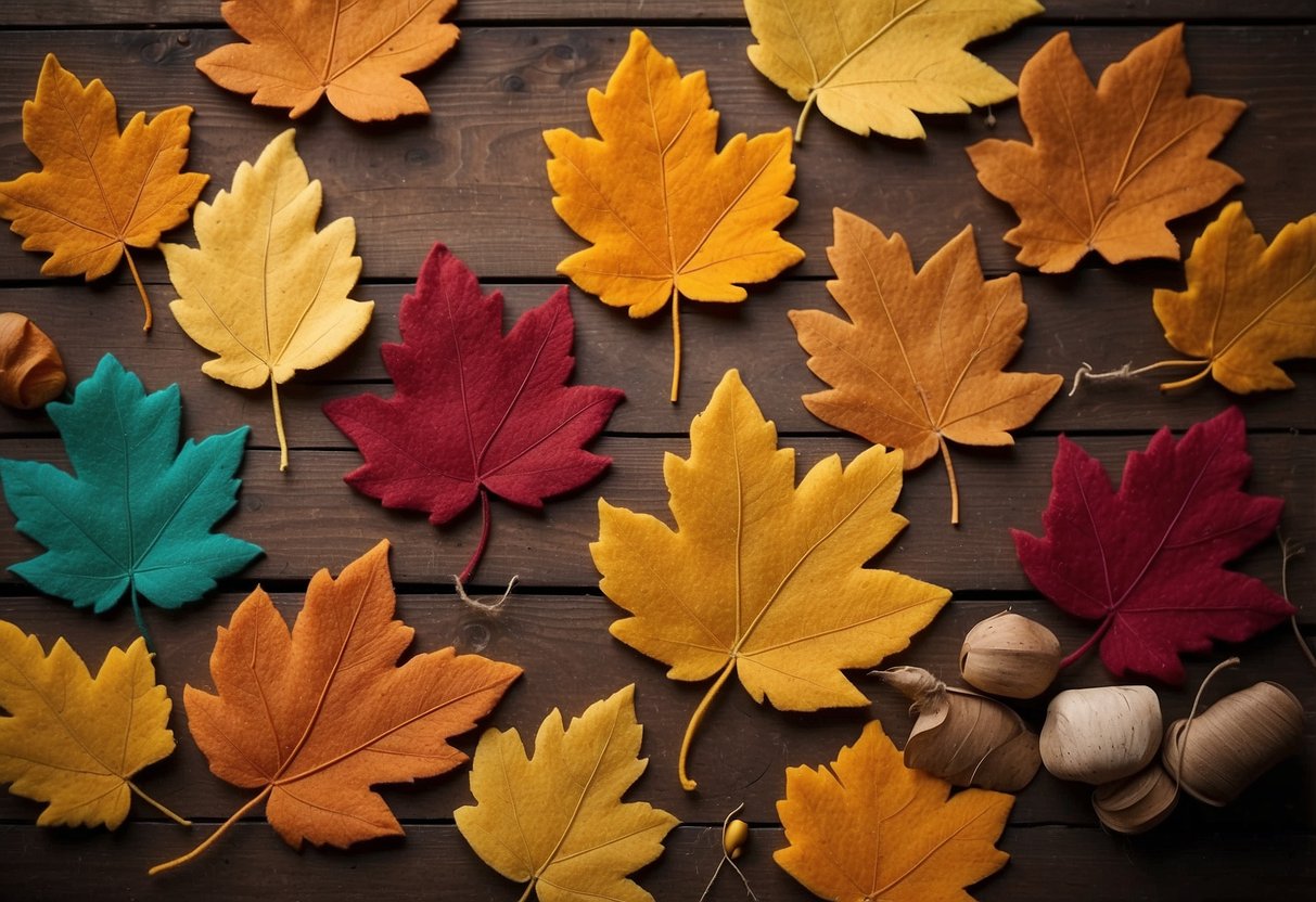 Vibrant felt leaf coasters arranged on a rustic wooden table, surrounded by scattered crafting materials and autumn foliage