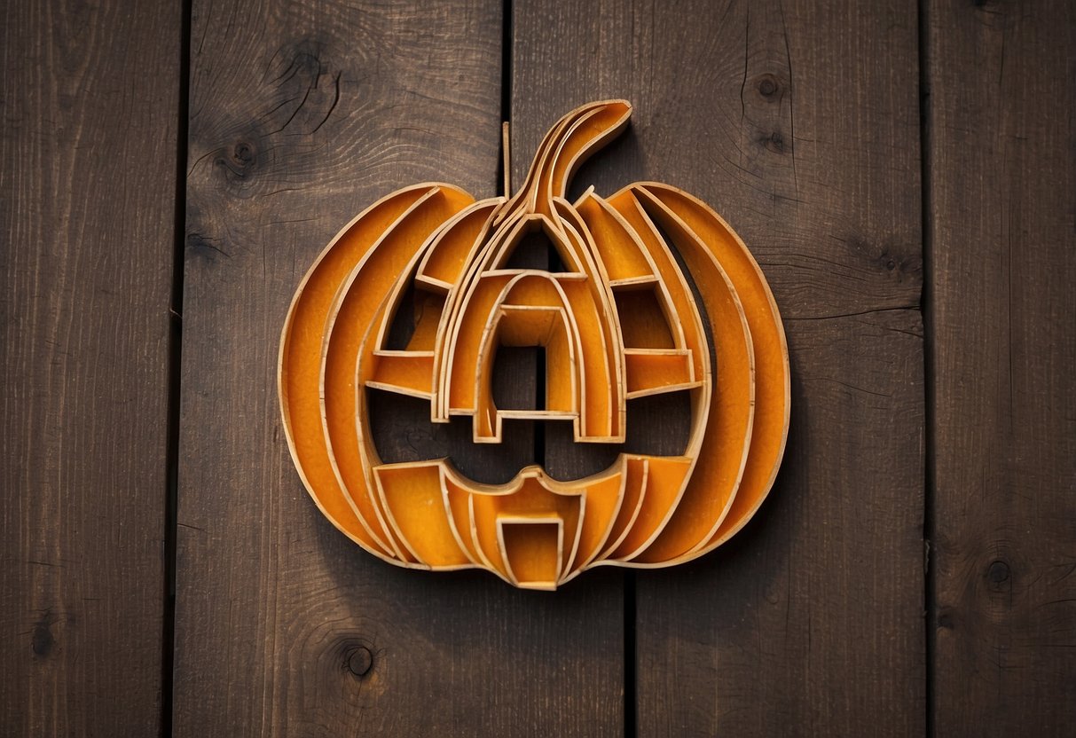 A wooden board with nails forming a pumpkin outline, colorful strings weaving through the nails in a geometric pattern