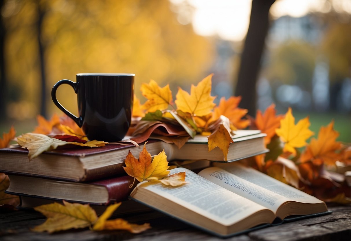 Colorful fall leaves scattered around open books with ribbon bookmarks. A cozy atmosphere with warm lighting and a cup of tea nearby