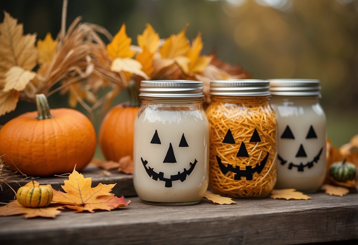 A table with mason jars filled with straw, painted with scarecrow faces, surrounded by fall leaves and pumpkins