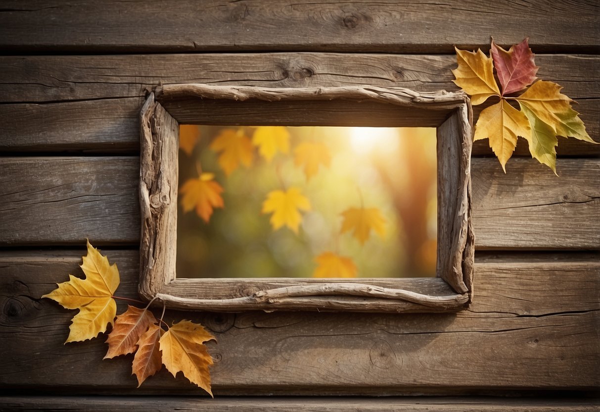 A rustic twig frame hangs on a weathered wooden wall, adorned with colorful fall leaves and acorns. The warm sunlight filters through the window, casting a soft glow on the handmade craft