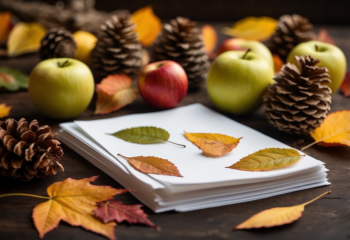 A table covered in colorful fall leaves, pinecones, and apples. A stack of paper and ink pads sit nearby, ready for stamping