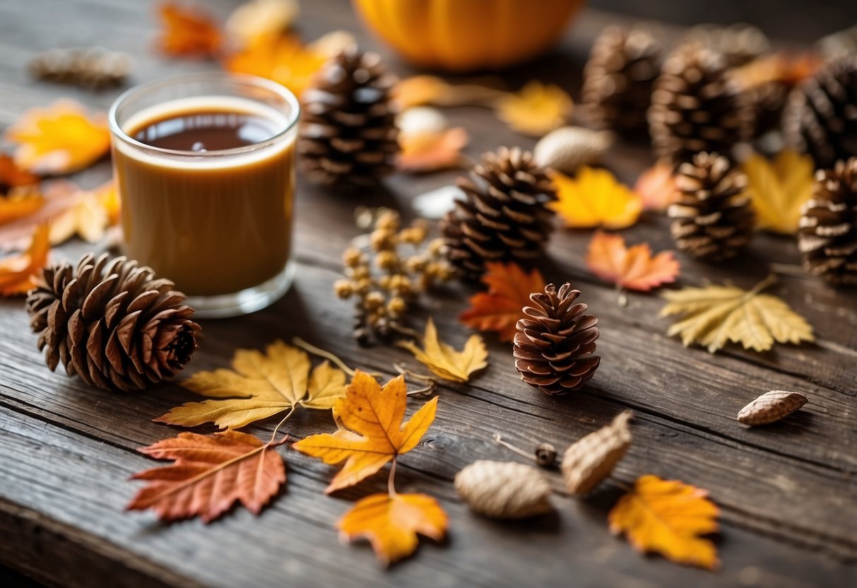 A table with various fall craft materials scattered, including leaves, pinecones, paint, glue, and paper. Bright colors and natural elements