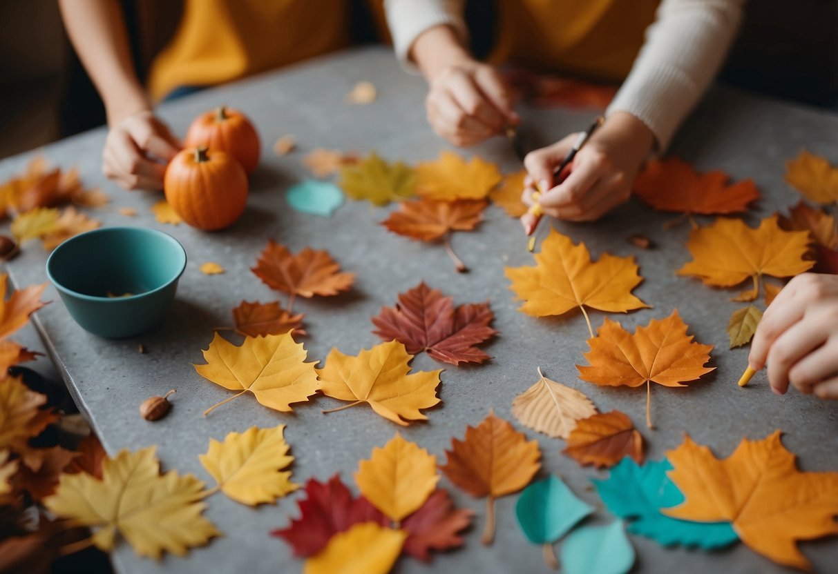 Children happily crafting fall-themed DIY projects using colorful paper, leaves, and glue. A cozy table filled with scissors, markers, and various craft supplies. Bright autumn leaves scattered around the room