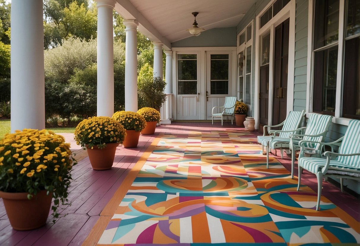 Colorful porch floors with geometric patterns, floral designs, and bold stripes. Various shades and hues create a vibrant and inviting atmosphere