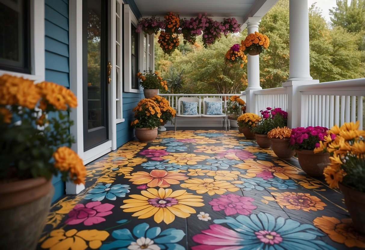 Vibrant flowers and intricate patterns cover a painted porch floor, creating a lively and inviting atmosphere