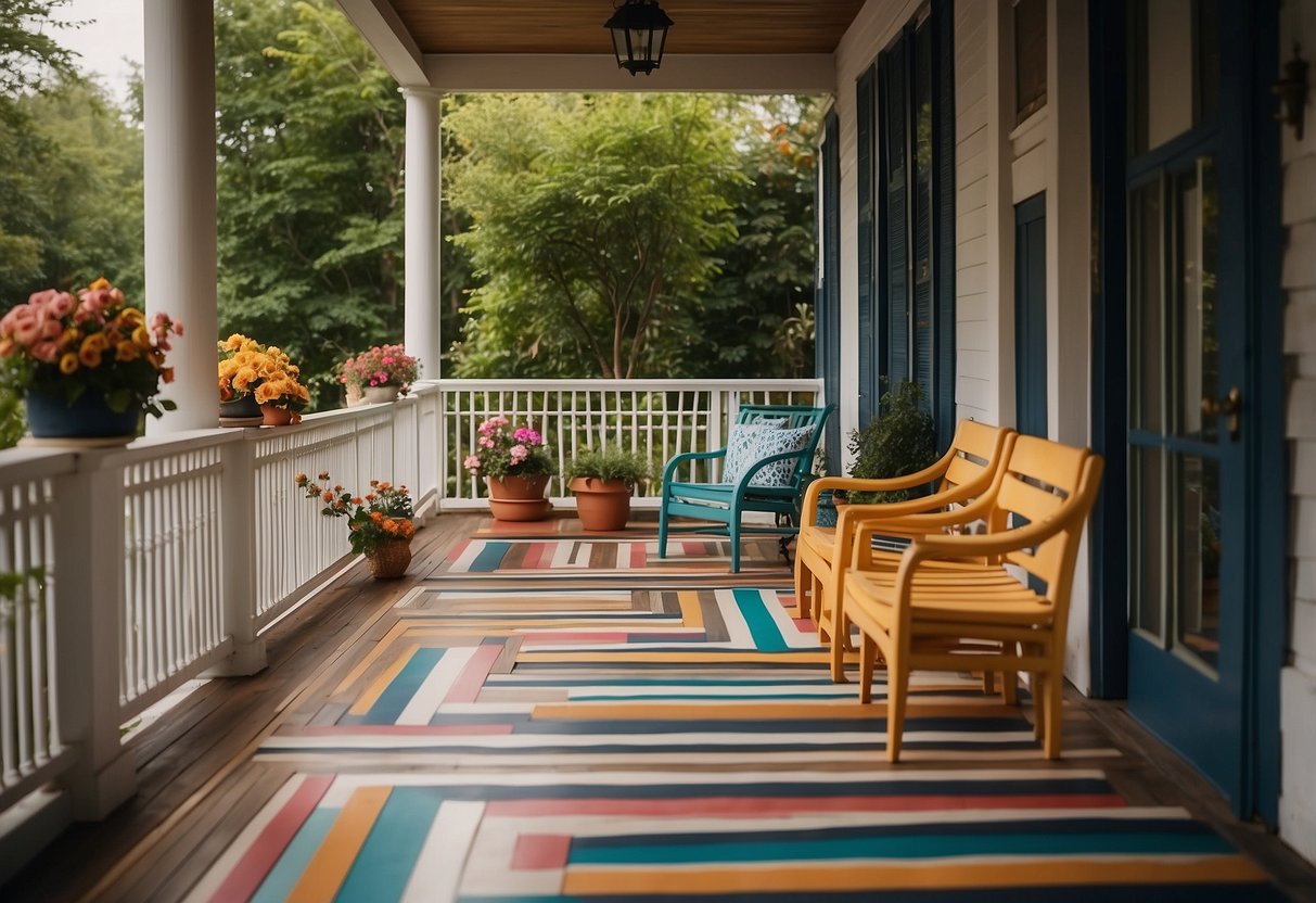 A porch with vibrant, striped patterns in various colors, creating a sense of elegance and sophistication. The floor is painted with intricate designs, adding a touch of charm to the outdoor space