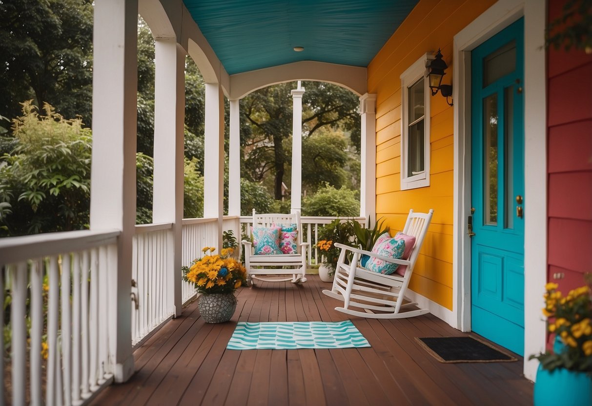 A porch with a chevron pattern painted in bold colors, creating a vibrant and modern look