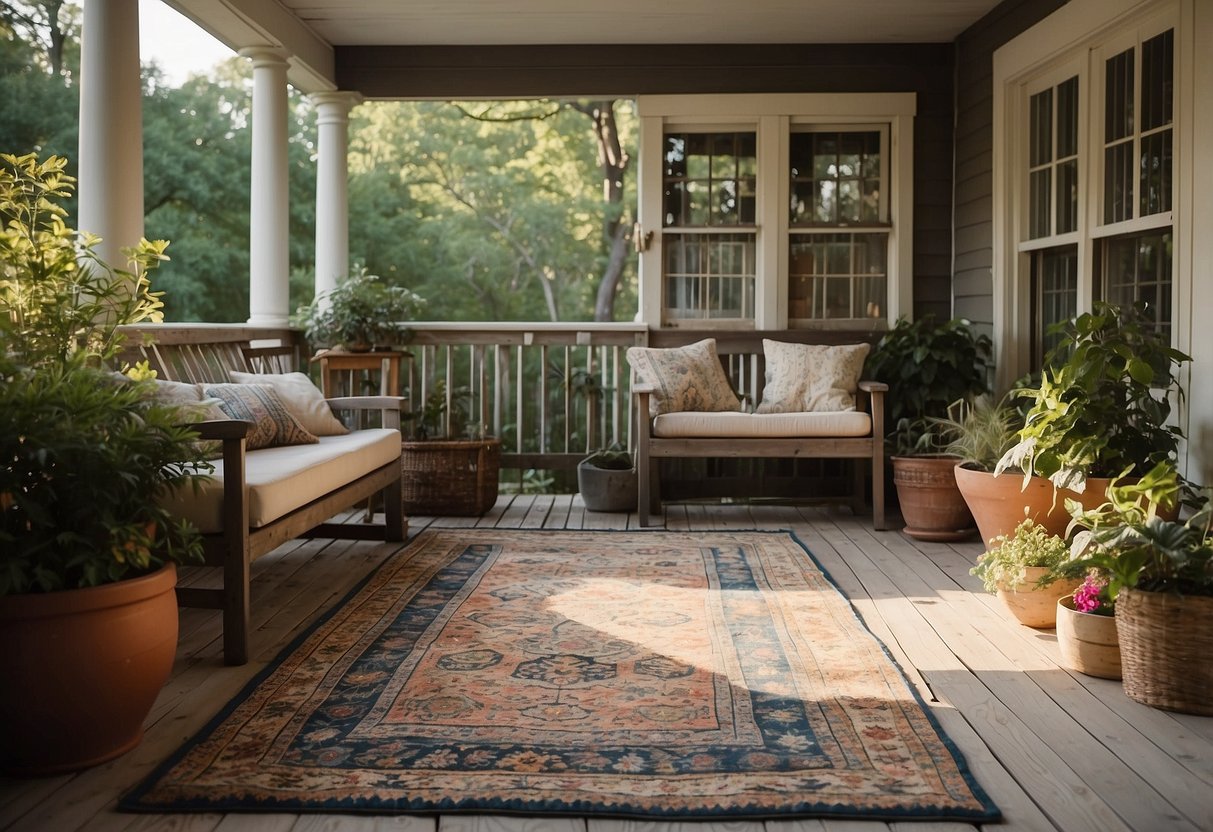 A porch with vintage rugs scattered on a painted floor. The rugs are colorful and worn, adding character to the space