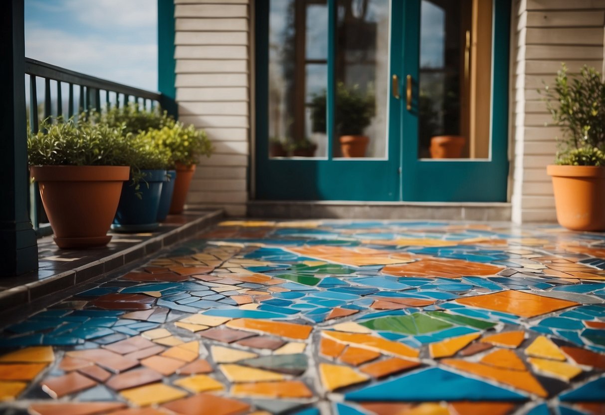 Vibrant mosaic tiles cover a porch floor in 15 unique painted designs