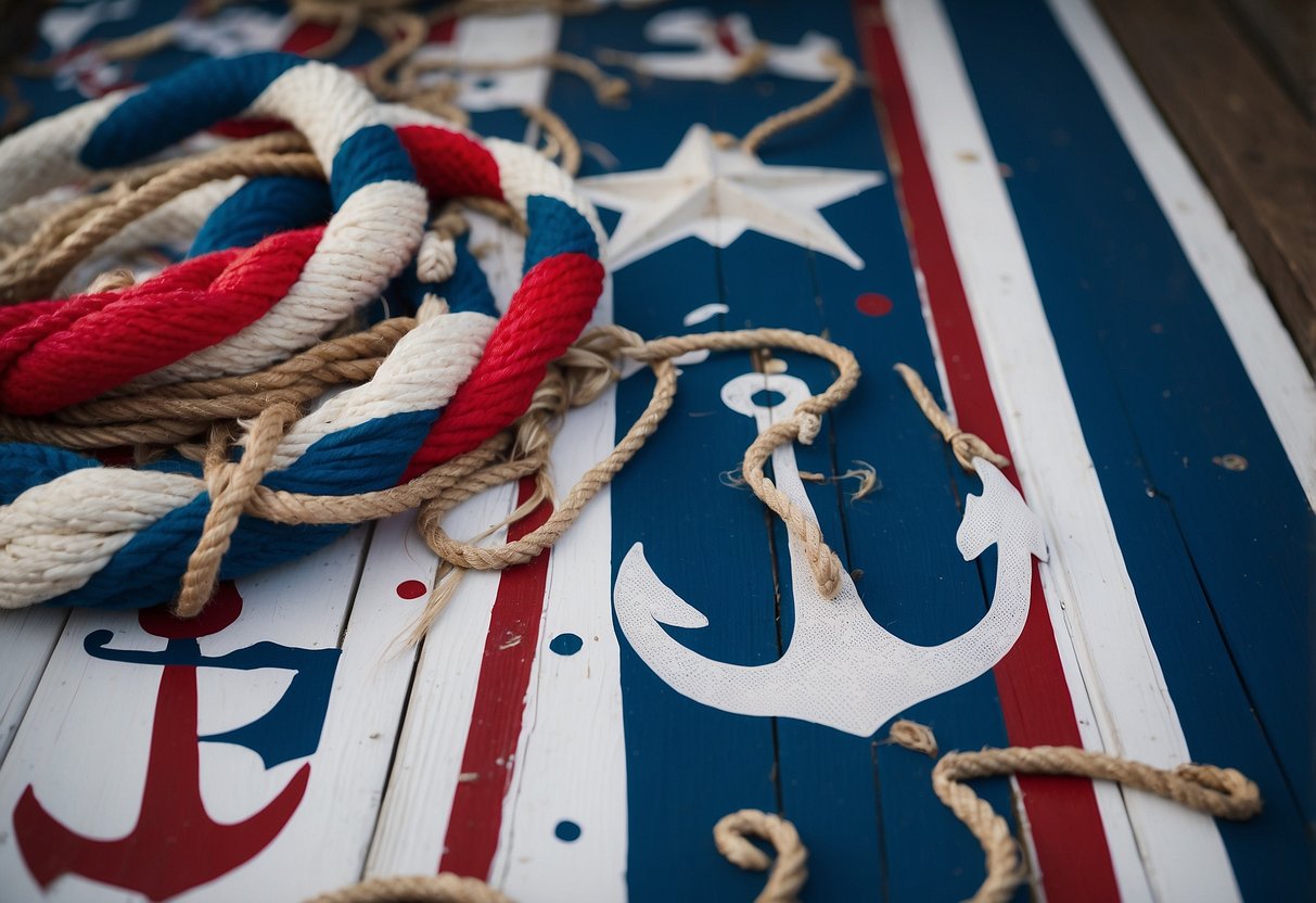 A porch floor painted with nautical themes: anchors, ropes, compasses, and waves. Bright blue, white, and red colors create a maritime atmosphere