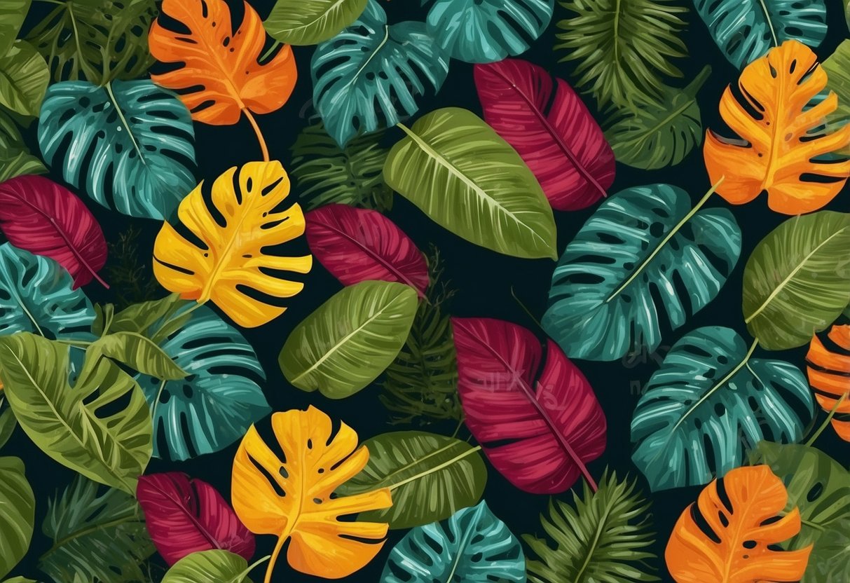 Vibrant tropical leaves cover a painted porch floor in 15 unique designs. Rich colors and intricate patterns create a lush, inviting atmosphere