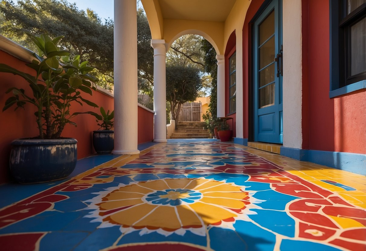 A colorful painted porch floor with intricate Southwestern patterns in vibrant red, blue, and yellow, creating a visually stunning and inviting entrance to the home