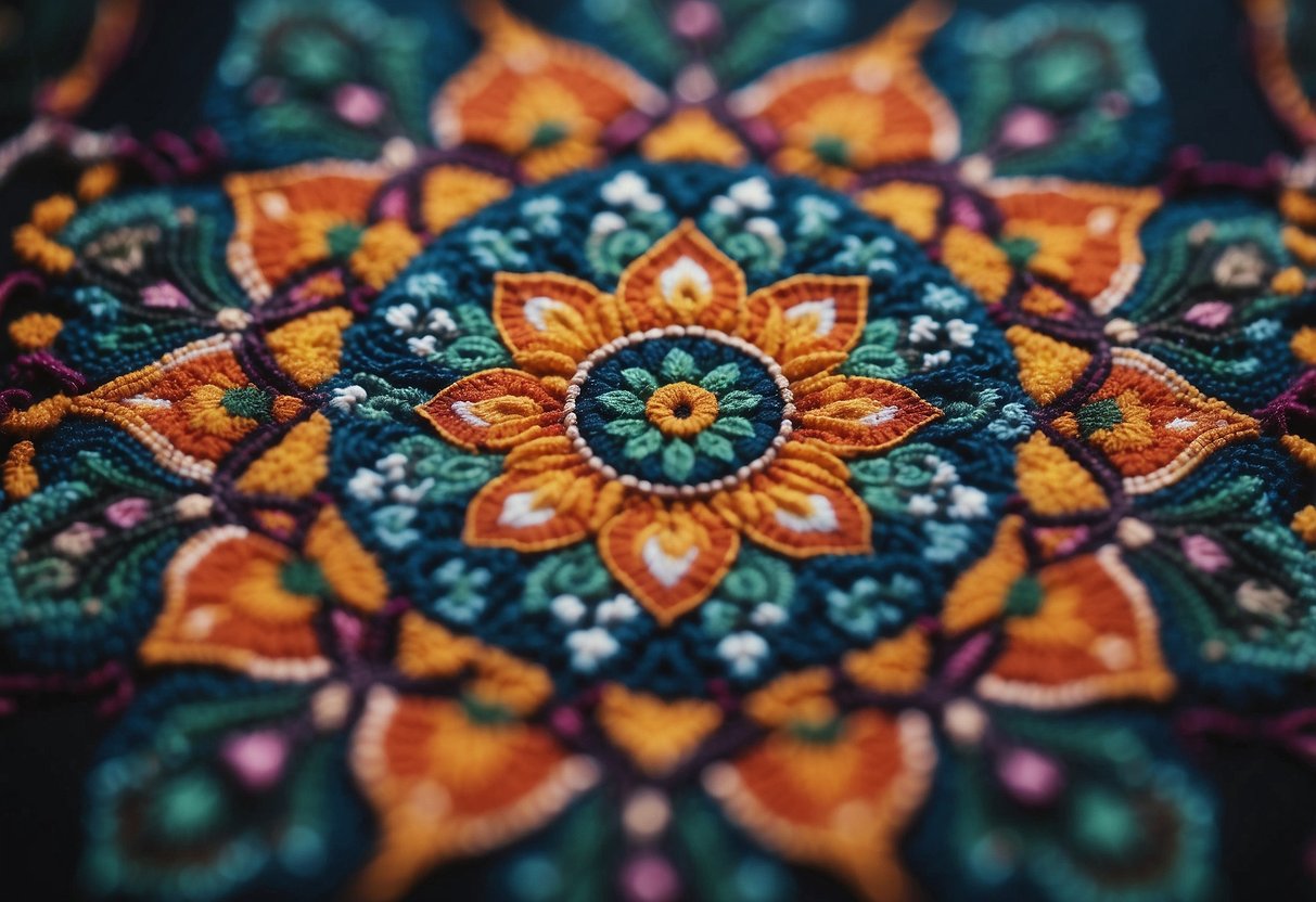 Vibrant mandala designs cover a porch floor, each with intricate patterns and bold colors, creating a striking and unique visual display