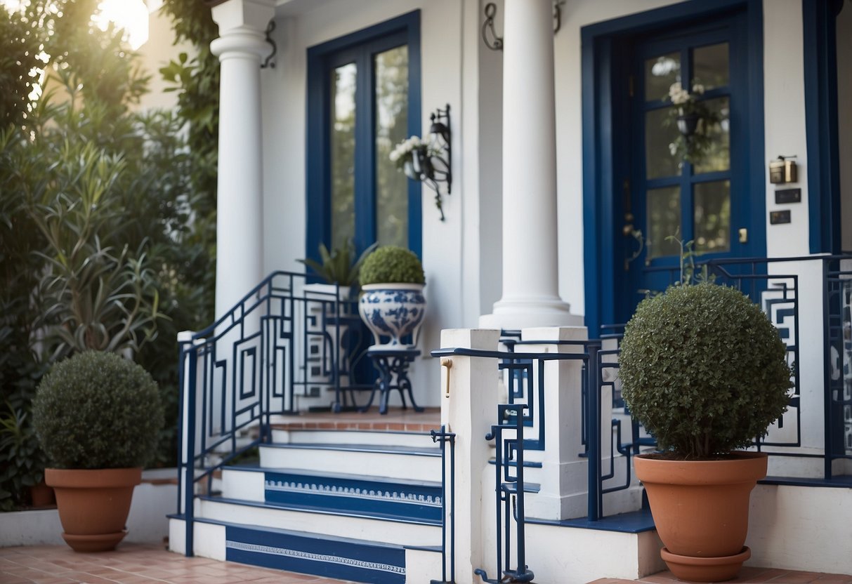 A porch with a classic Greek Key pattern painted in blue and white, surrounded by potted plants and a wrought iron railing