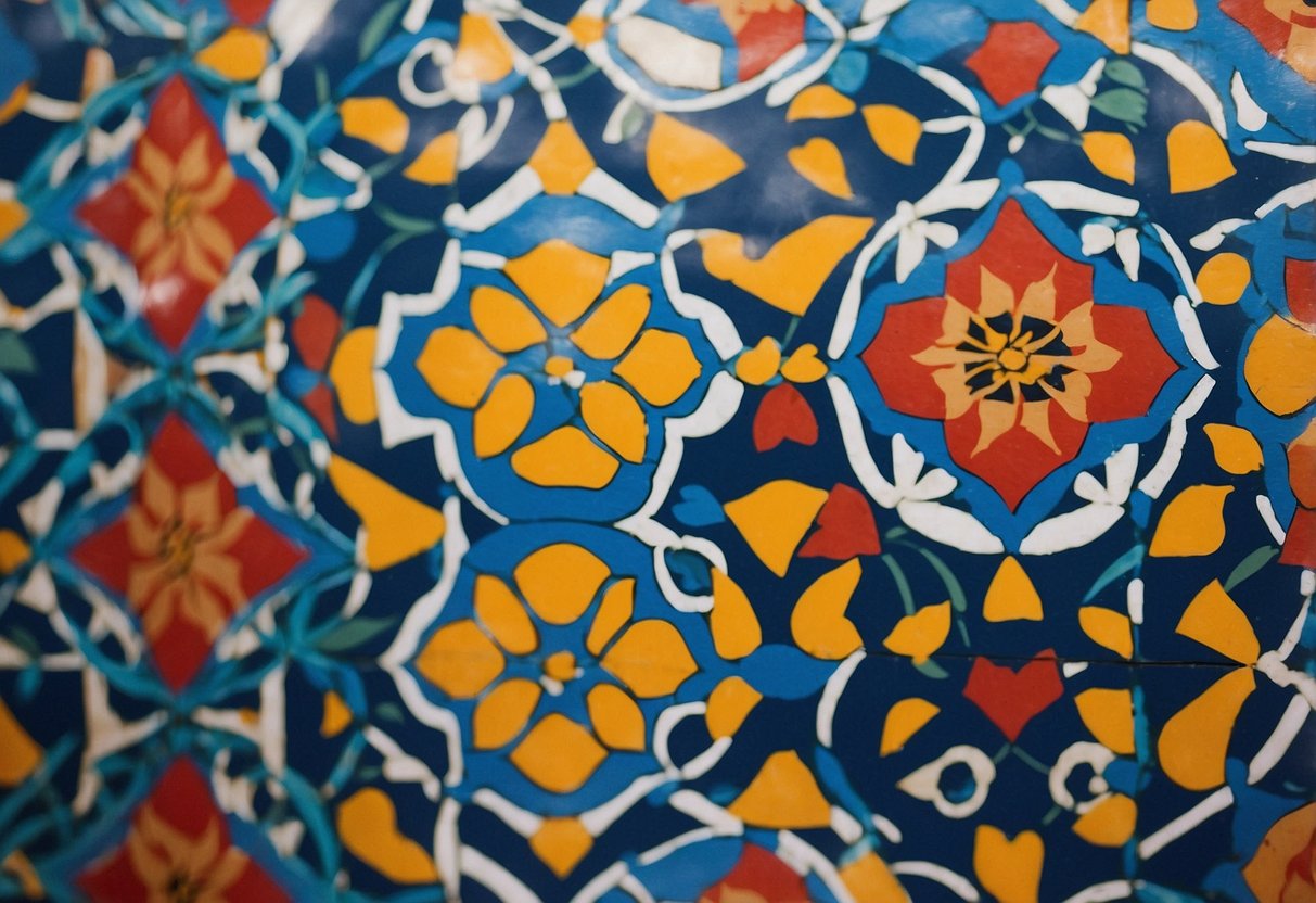 A vibrant Moroccan trellis pattern adorns a painted porch floor, with intricate geometric designs in shades of blue, red, and yellow