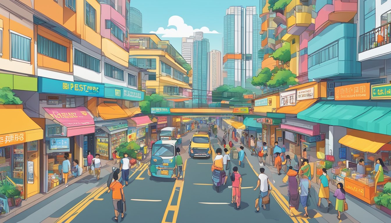 A bustling street in Kallang, Singapore, with a prominent sign reading "Best Licensed Money Lender." Bright colors and diverse storefronts line the busy thoroughfare