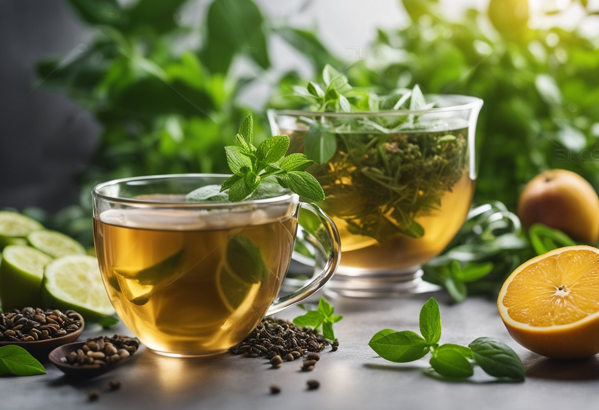 A steaming cup of detox tea surrounded by fresh herbs and fruits