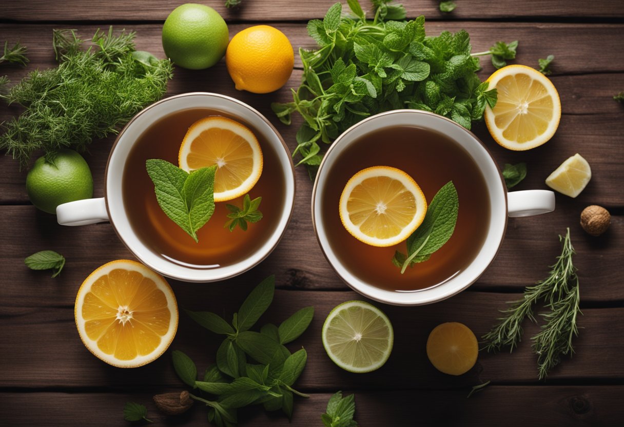 A steaming cup of detox tea surrounded by fresh herbs and fruits