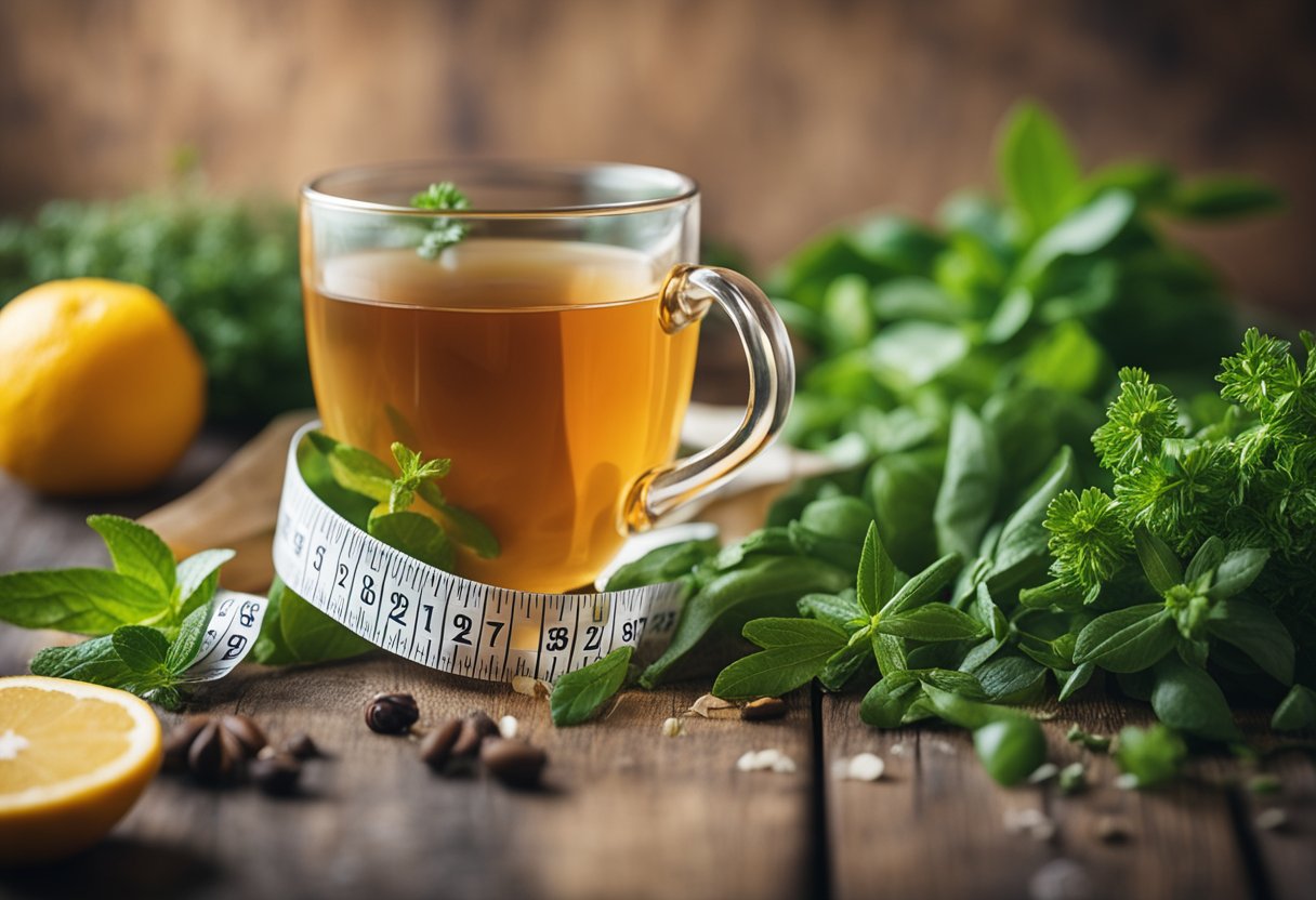 A steaming cup of detox tea surrounded by fresh herbs and fruits, with a tape measure nearby to symbolize weight loss benefits