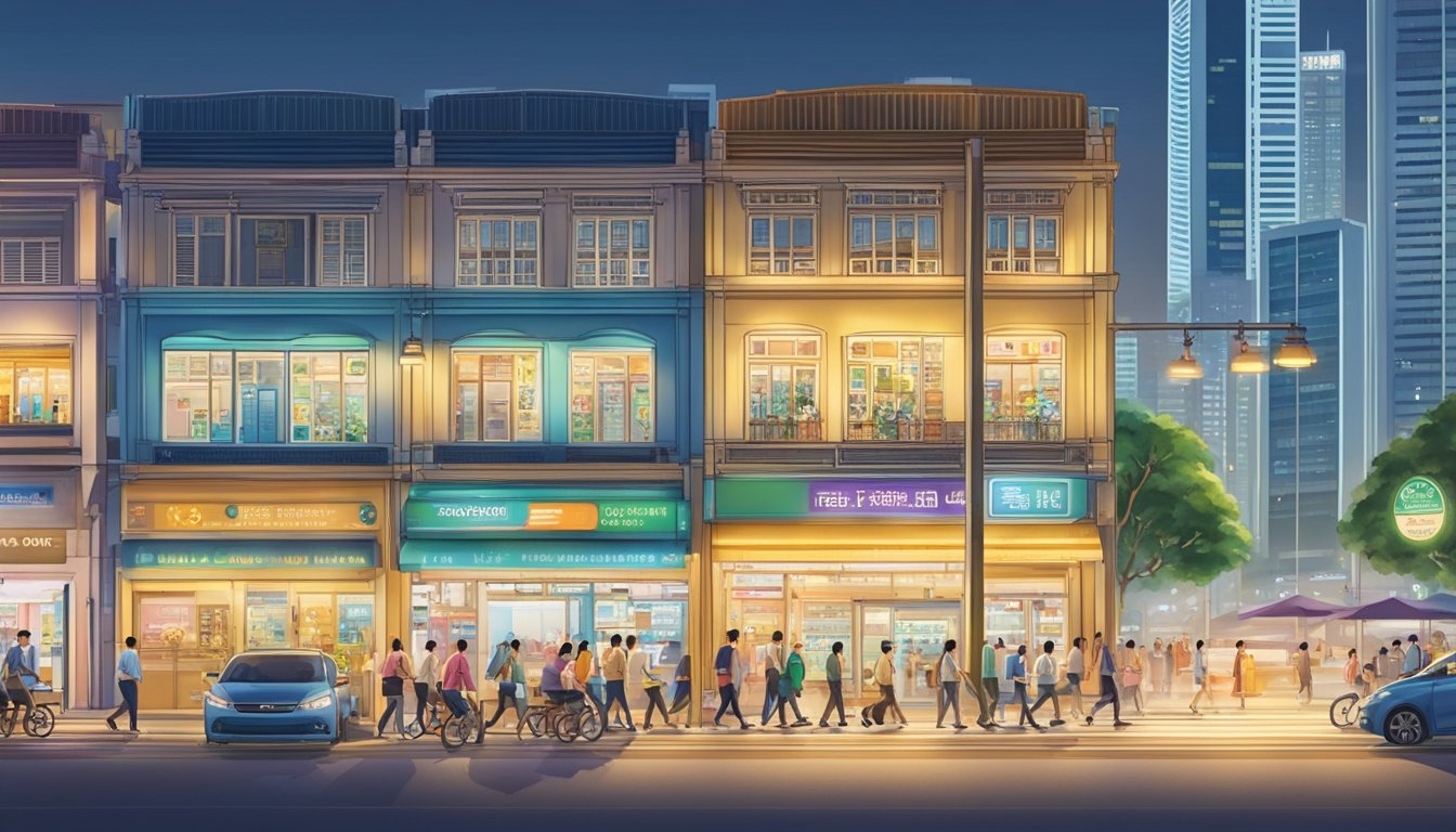 A bustling street in Kallang, Singapore with a prominent storefront displaying "Best Licensed Money Lender in Kallang." Bright lights and a steady stream of customers convey a sense of trust and reliability