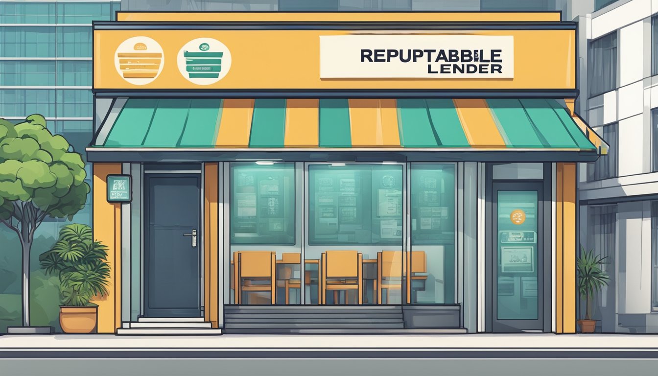 A storefront sign reads "Reputable Licensed Money Lender" in Kallang, Singapore. The building is clean and modern, with a professional atmosphere