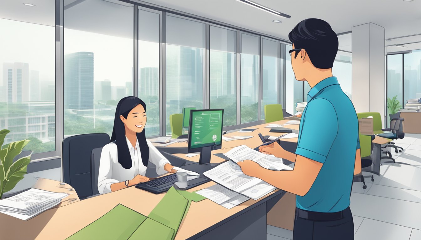 A well-lit office with a professional-looking individual discussing loan terms with a licensed money lender in Kallang, Singapore. The lender's office is organized and tidy, with informational brochures displayed prominently