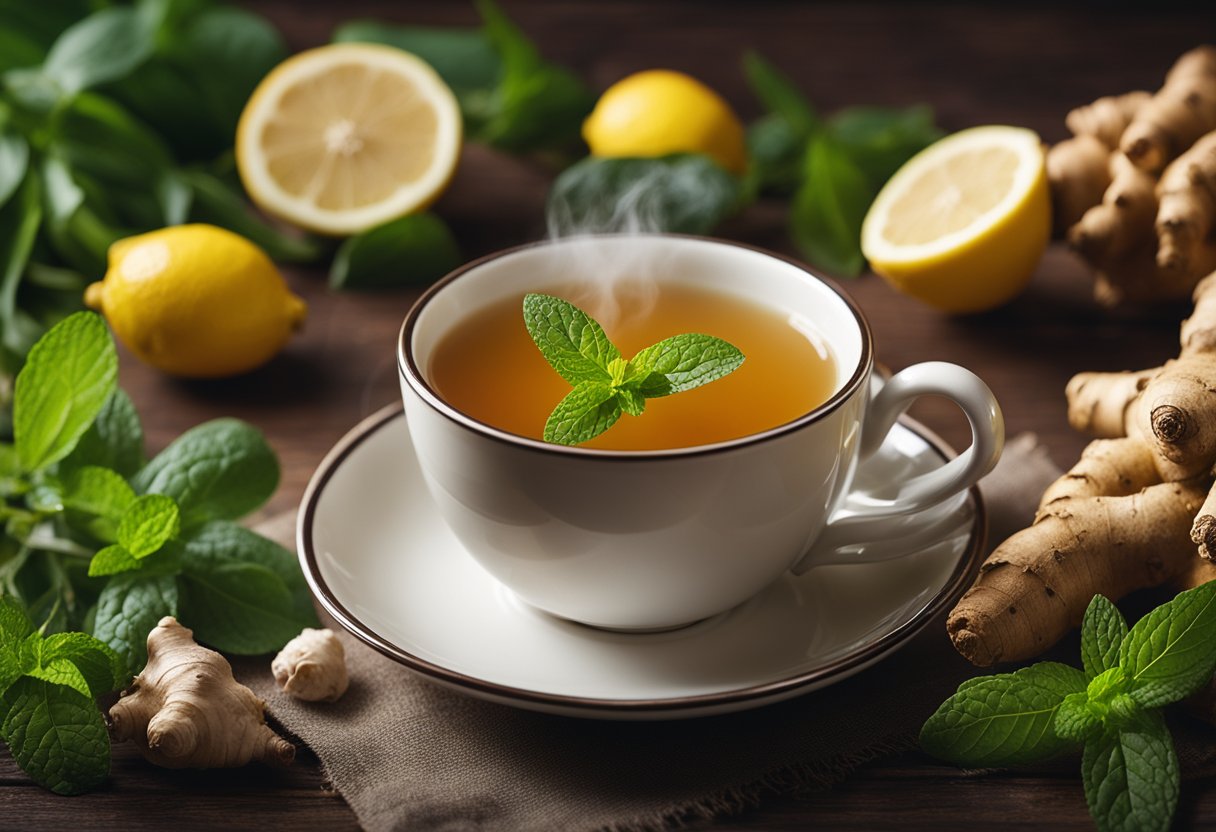 A steaming cup of herbal tea surrounded by fresh ingredients like ginger, lemon, and mint leaves, with a calming atmosphere