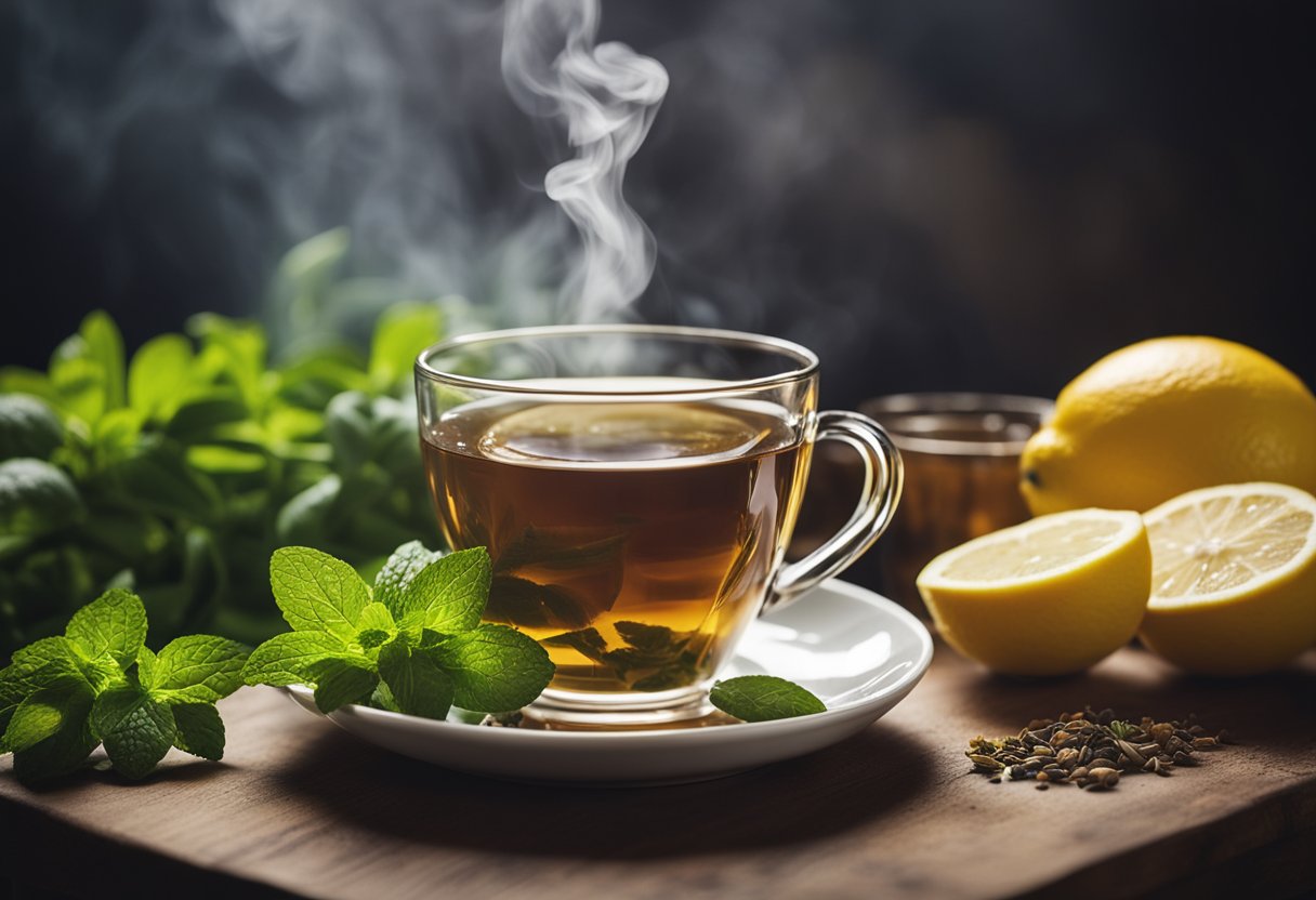 A steaming cup of herbal tea sits on a wooden table surrounded by fresh ingredients like ginger, lemon, and mint. A serene atmosphere with soft lighting and a peaceful setting