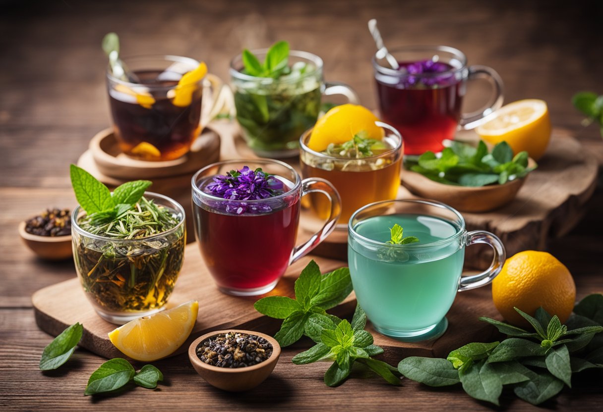 Various types of detox teas displayed on a wooden table with colorful packaging and natural ingredients such as herbs and fruits