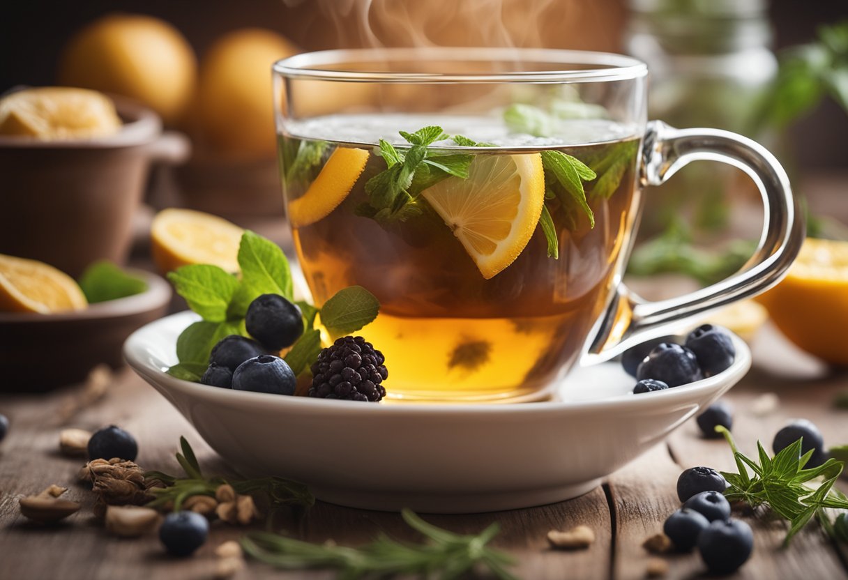 A steaming cup of tea surrounded by fresh herbs and fruits, with a gentle steam rising from the surface