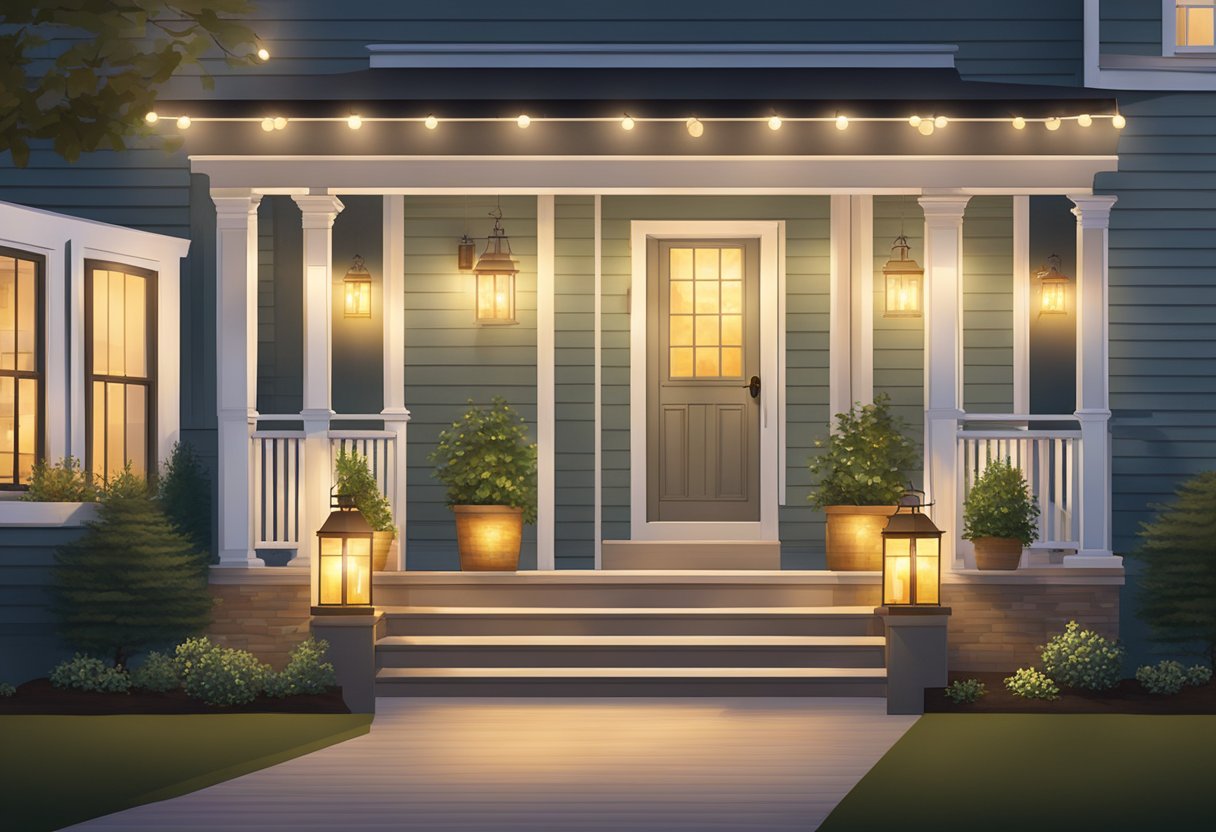 A front porch with various lighting fixtures, including string lights, lanterns, and sconces, creating a warm and inviting ambiance