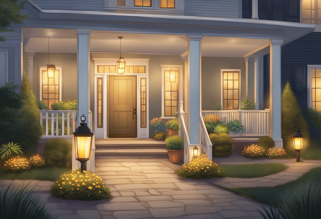 A pathway lined with 25 different styles of front porch lights, casting a warm glow along the walkway