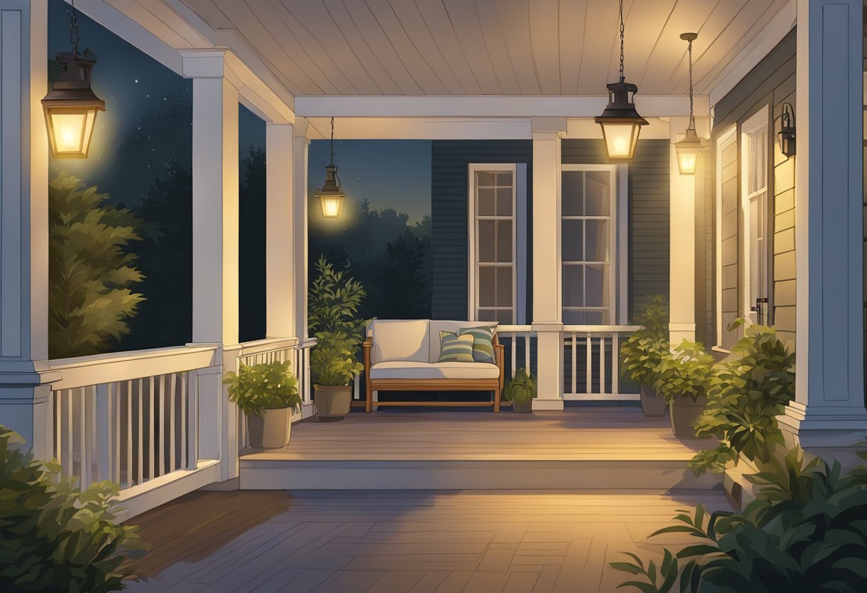 A front porch with recessed lighting illuminating the area, casting a warm and inviting glow on the surroundings