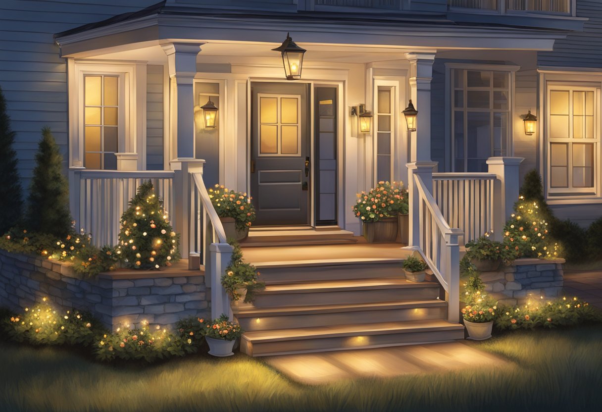 A front porch adorned with 25 solar lights, casting a warm and inviting glow in the evening