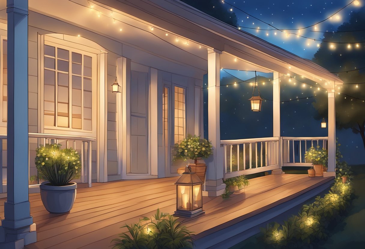 A cozy front porch with fairy lights draped around the railing and twinkling in the evening, creating a warm and inviting atmosphere