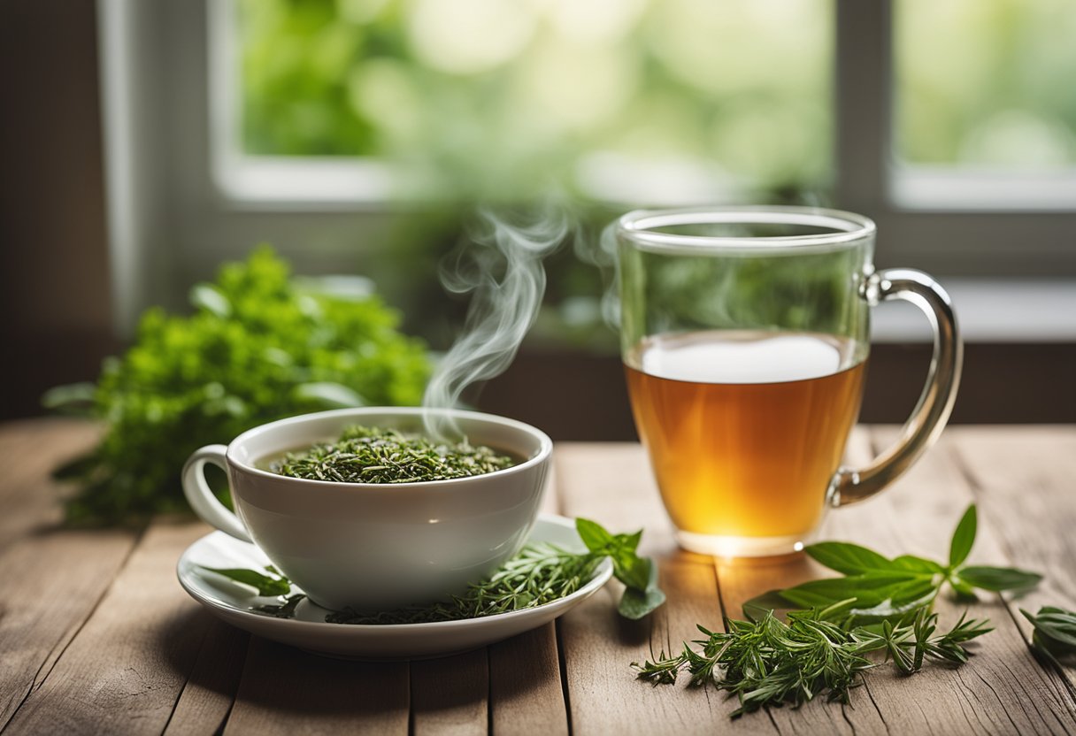 A steaming cup of herb detox tea sits on a rustic wooden table, surrounded by fresh herbs and a soft, natural light filtering through a nearby window