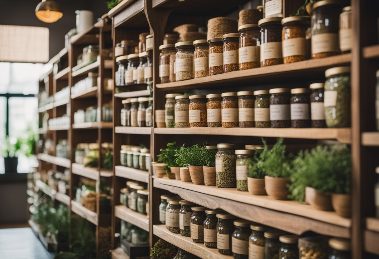 A variety of herb detox teas displayed on shelves in a cozy, well-lit herbal shop