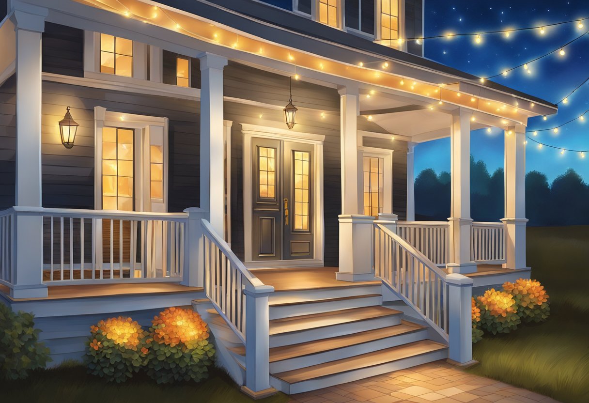 A front porch is adorned with colorful rope lights, casting a warm and inviting glow