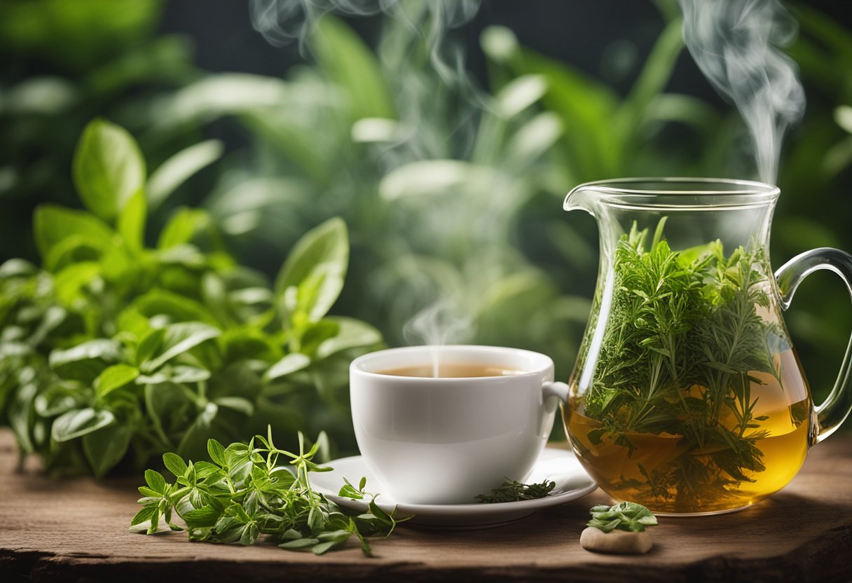 A steaming cup of herb detox tea surrounded by fresh herbs and plants, with a label displaying health benefits and claims