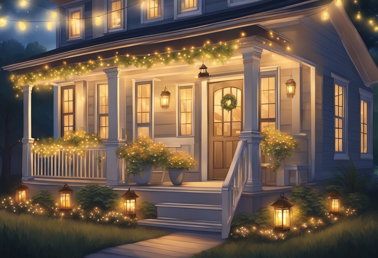 A cozy front porch adorned with twinkling string lights and lanterns, casting a warm and inviting glow over the garden