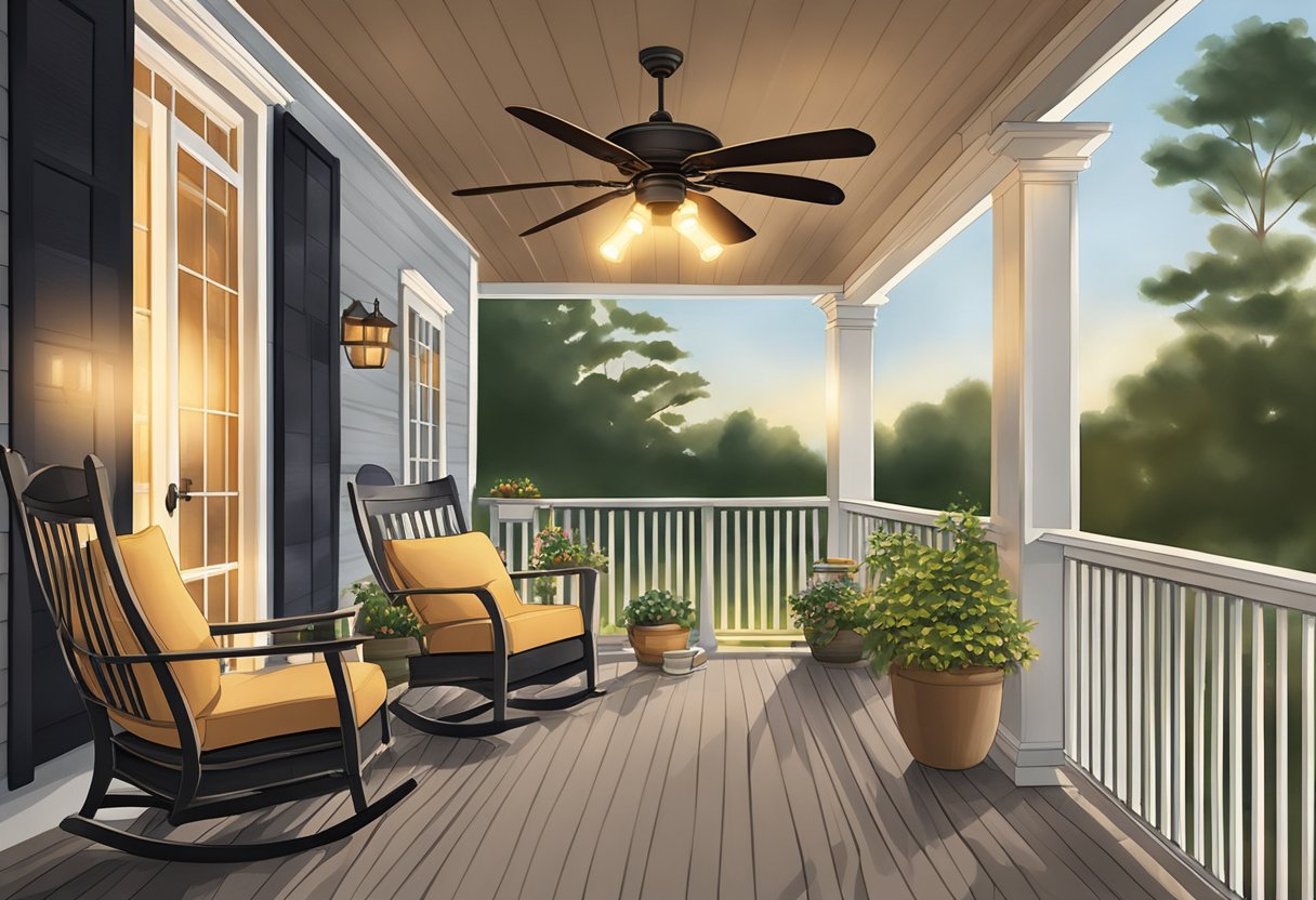 Several ceiling fans with lights illuminate a cozy front porch, creating a warm and inviting ambiance. The soft glow from the lights adds a touch of charm to the outdoor space