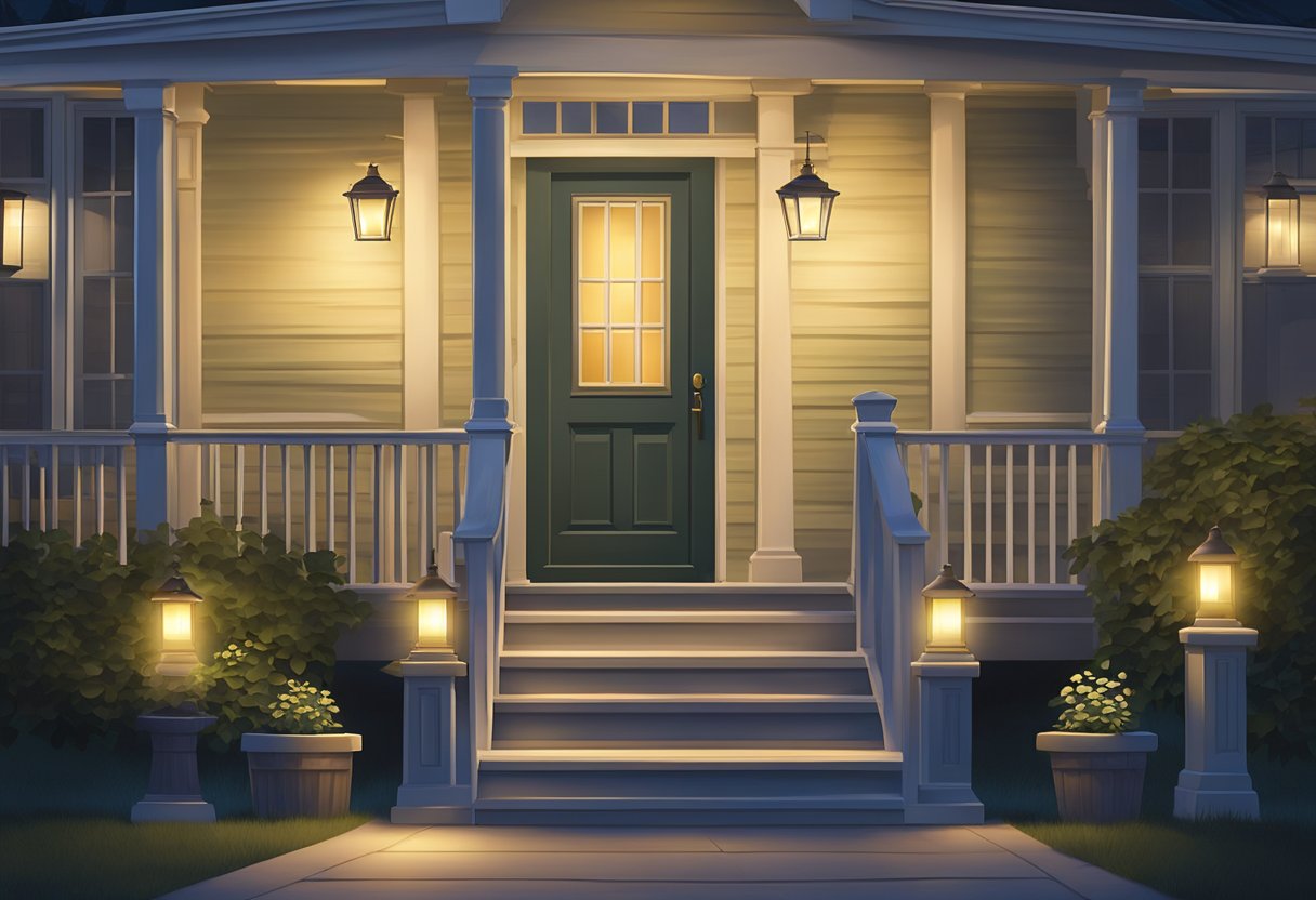 A row of bollard lights illuminating a front porch at night, casting a warm and inviting glow onto the surrounding area