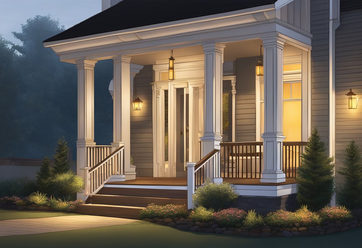 The front porch is illuminated by under rail lights, casting a warm glow and creating a welcoming atmosphere. The lights are strategically placed to highlight the architectural features of the porch and provide a sense of security